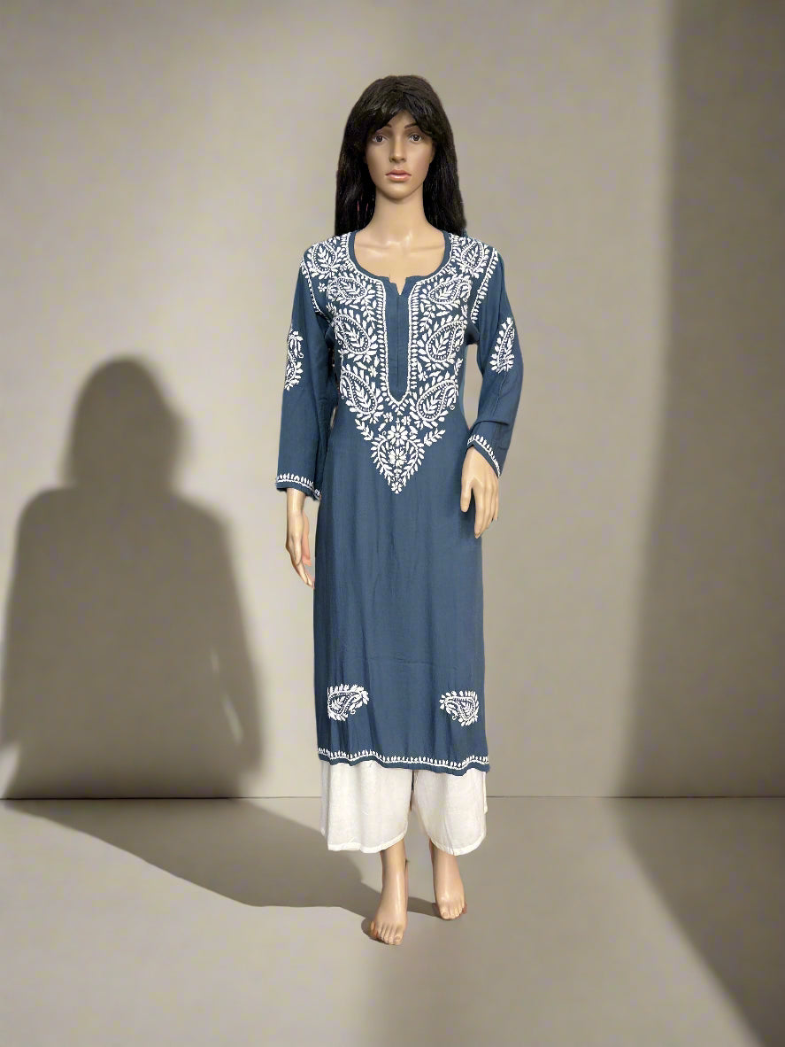Lucknowi Chikankari Grey Rayon Kurti-K000167