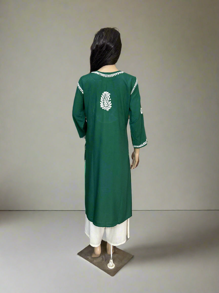 Lucknowi Chikankari Green Rayon Kurti-K50076