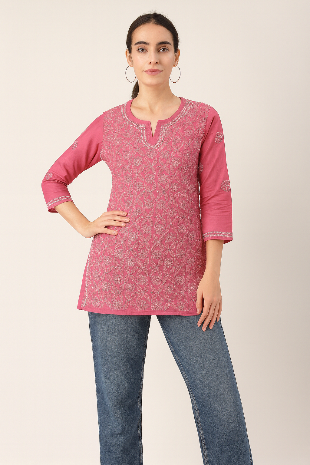 Lucknowi Chikankari Pink 'Shagufta' Cotton Short Kurti-T30012