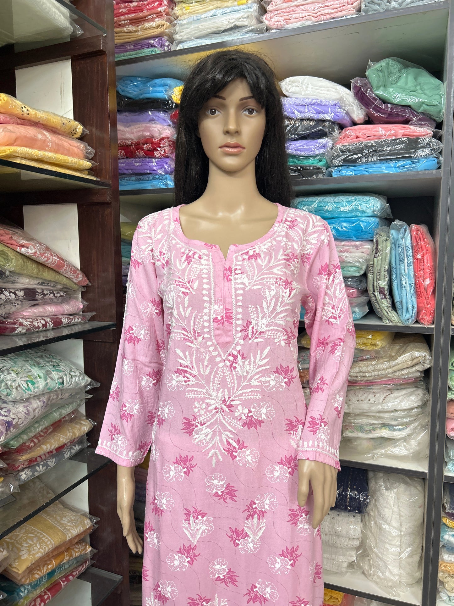 Lucknowi Chikankari Pink Printed Rayon Kurti-K000073