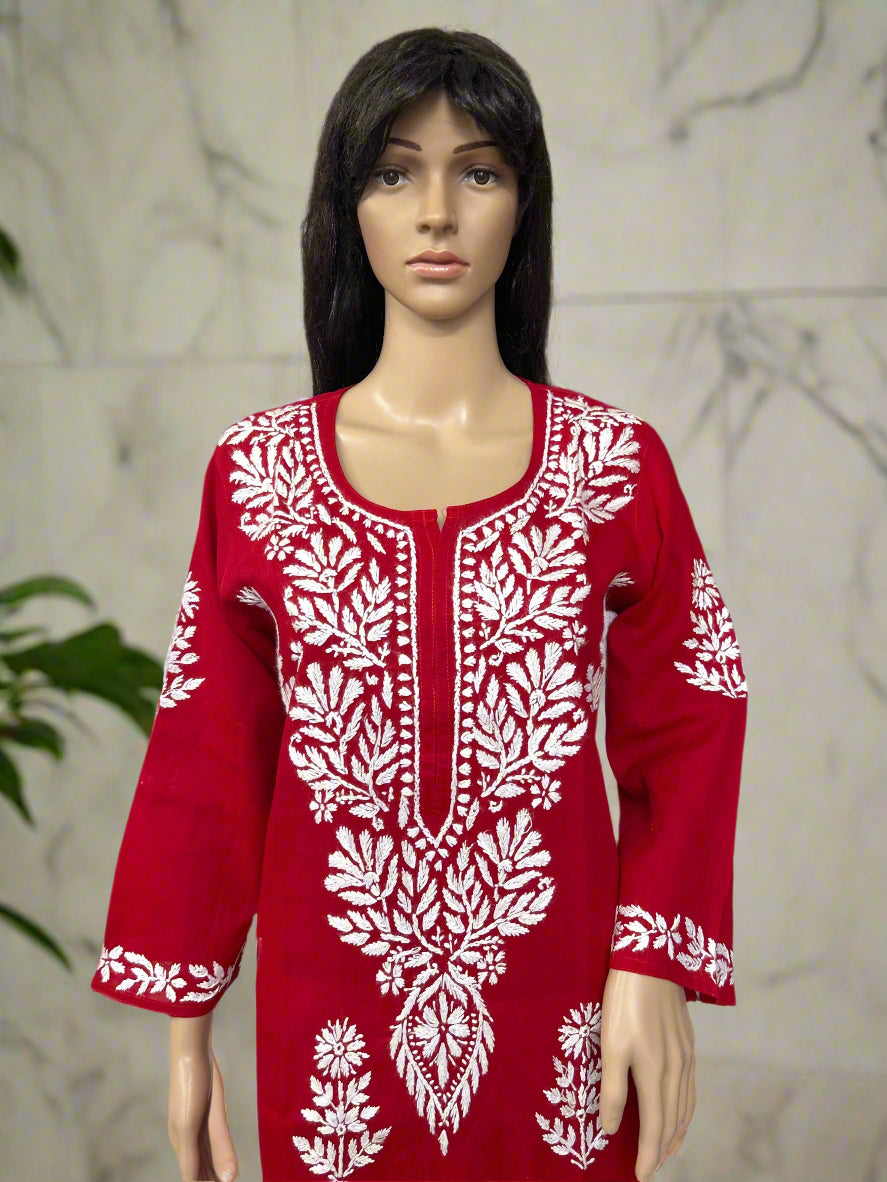 Lucknowi Chikankari Red Cotton Kurti-K000111