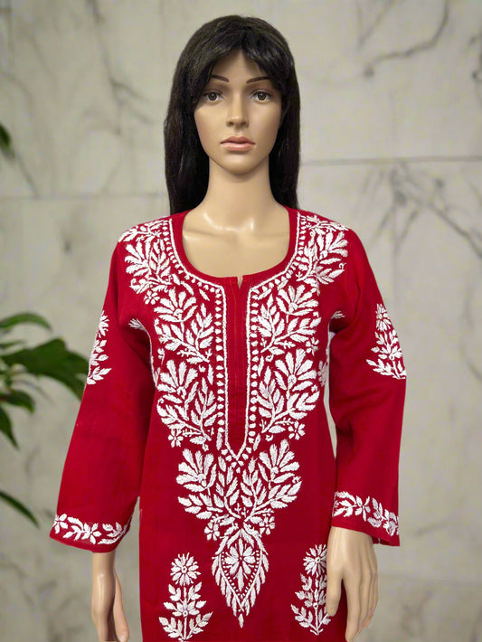 Lucknowi Chikankari Red Cotton Kurti-K000111