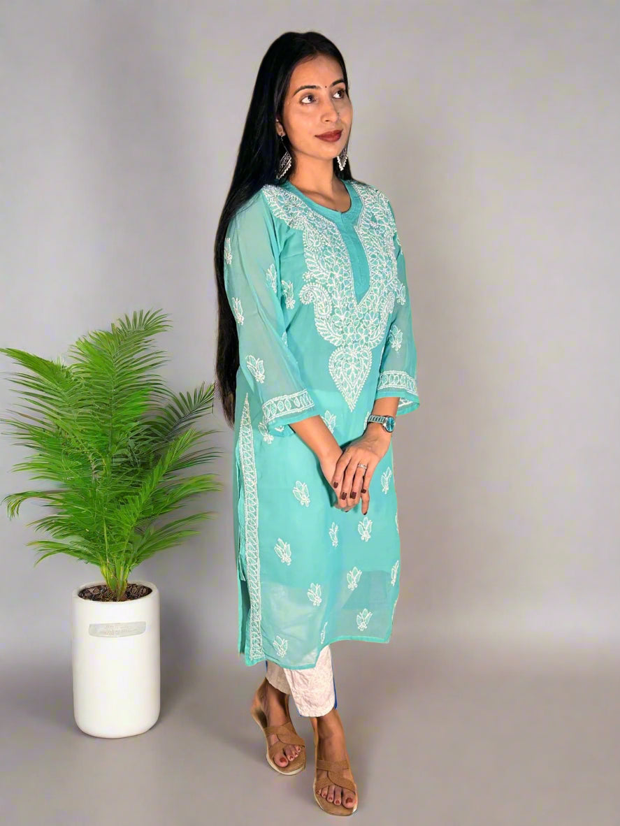 Lucknowi Chikankari Green Georgette Kurti-K000065