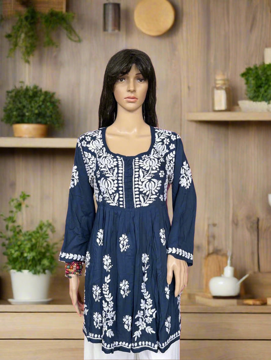 Lucknowi Chikankari Navy Blue Modal Short Kurti-T000037