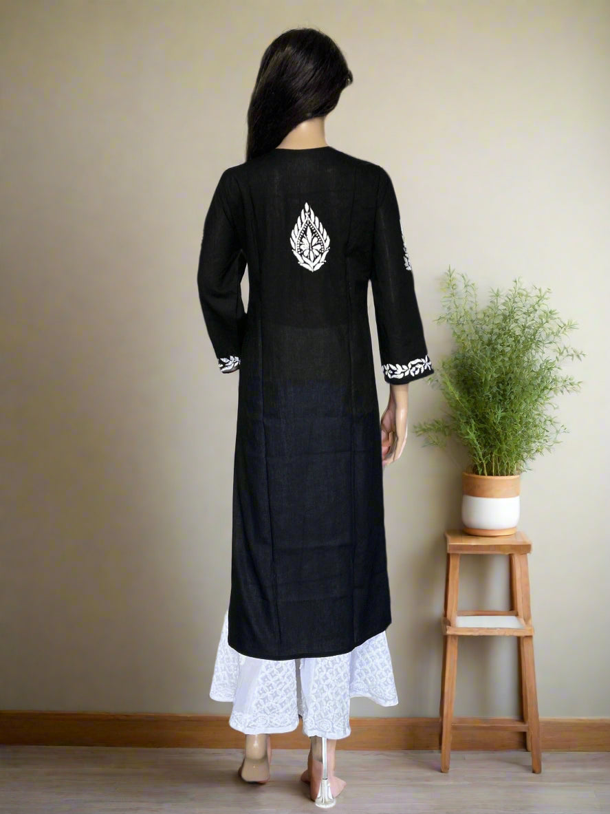 Lucknowi Chikankari Black Cotton Kurti-K000105