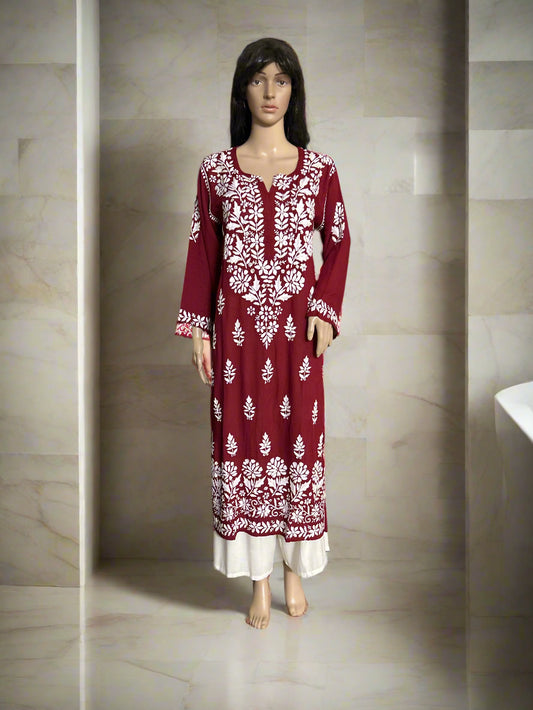 Lucknowi Chikankari Maroon Modal Kurti-K50077