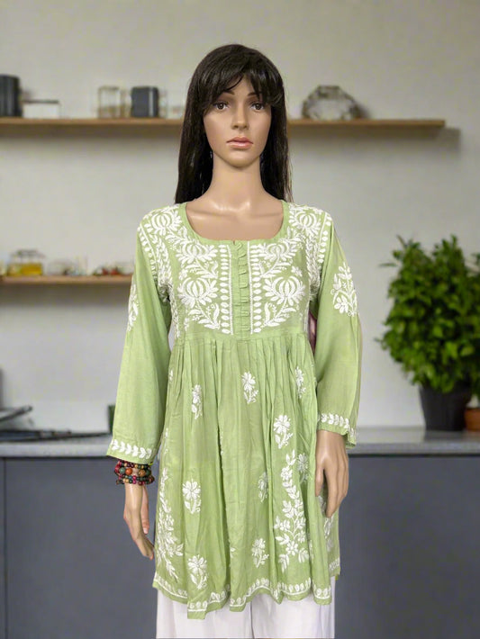Lucknowi Chikankari Green Modal Short Kurti-T000031