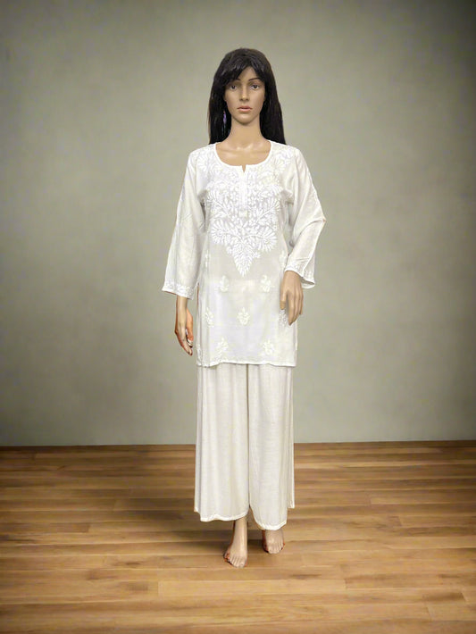 Lucknowi Chikankari White Modal Short Kurti-T50004