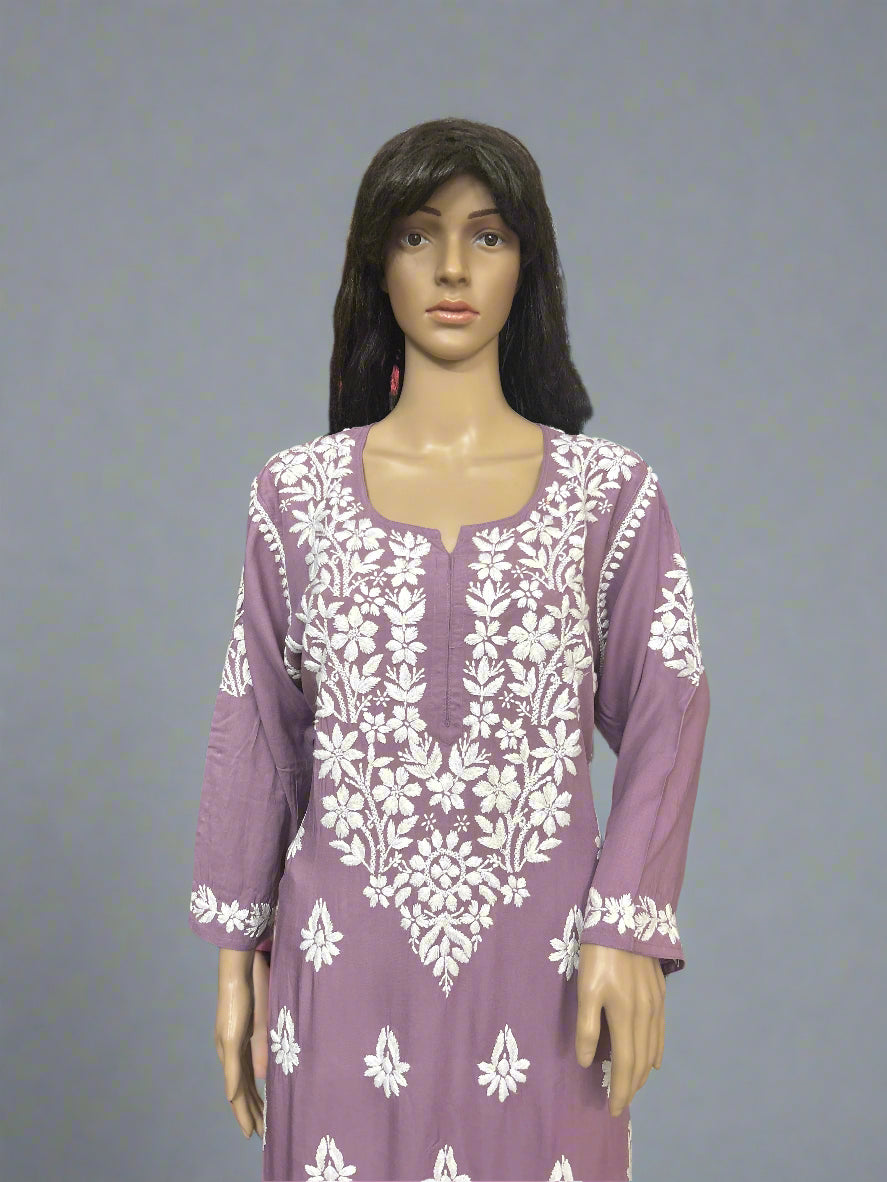 Lucknowi Chikankari Mauve 'Jamuni' Modal Kurti-K70013