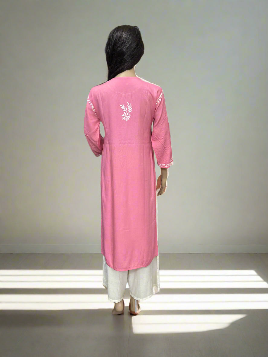 Lucknowi Chikankari Pink Rayon Kurti-K000158