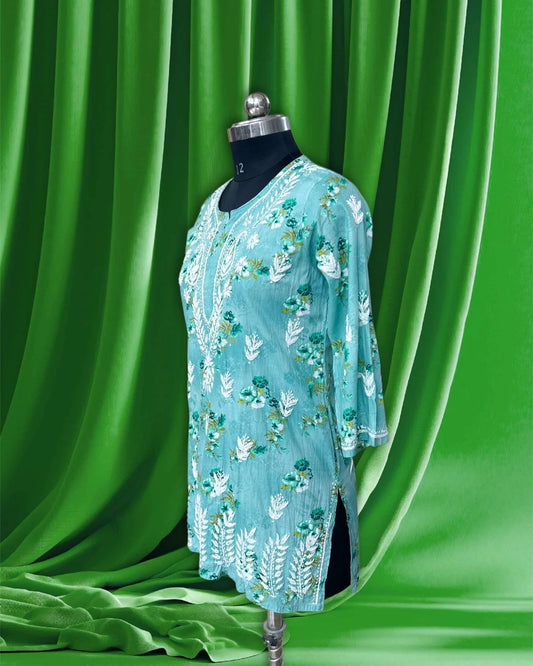 Lucknowi Chikankari Green Printed Cotton Short Kurti-T000023