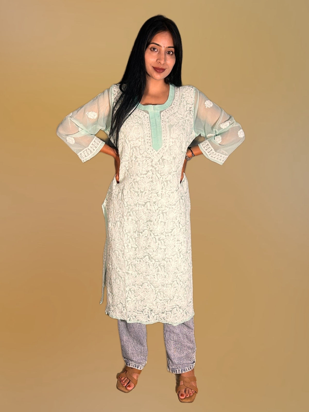 Lucknowi Chikankari Green Georgette Kurti-K000056