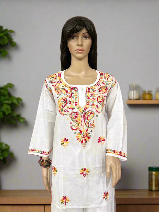 Lucknowi Chikankari White Cotton Short Kurti-T000027