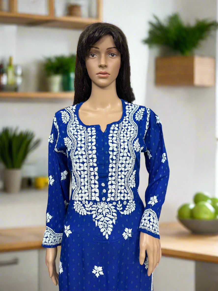Lucknowi Chikankari Blue Rayon Kurti-K000087