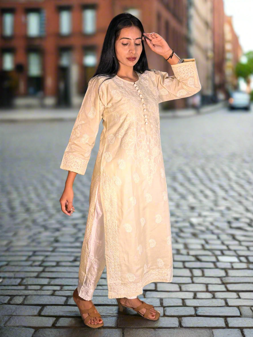 Lucknowi Chikankari Fawn 'Harnai Rang' Cotton Kurti-K40095