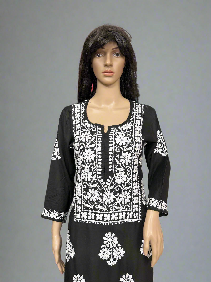 Lucknowi Chikankari Black Modal Kurti-K000139