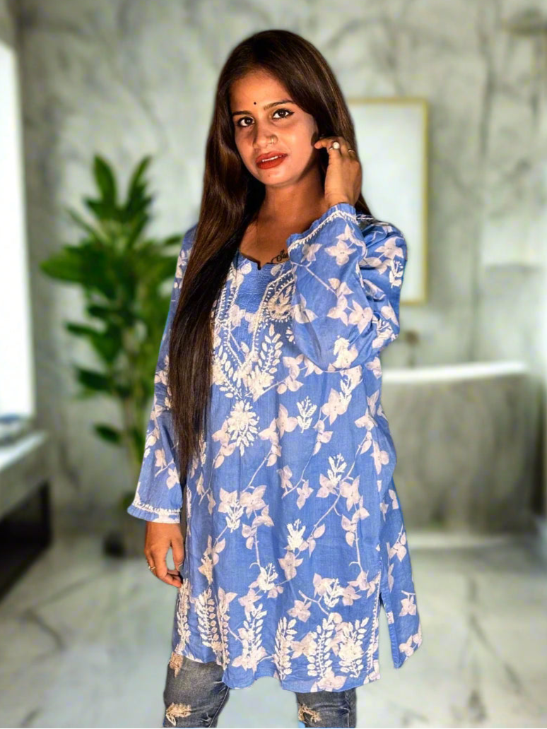 Lucknowi Chikankari Blue Printed Cotton Short Kurti-T000016