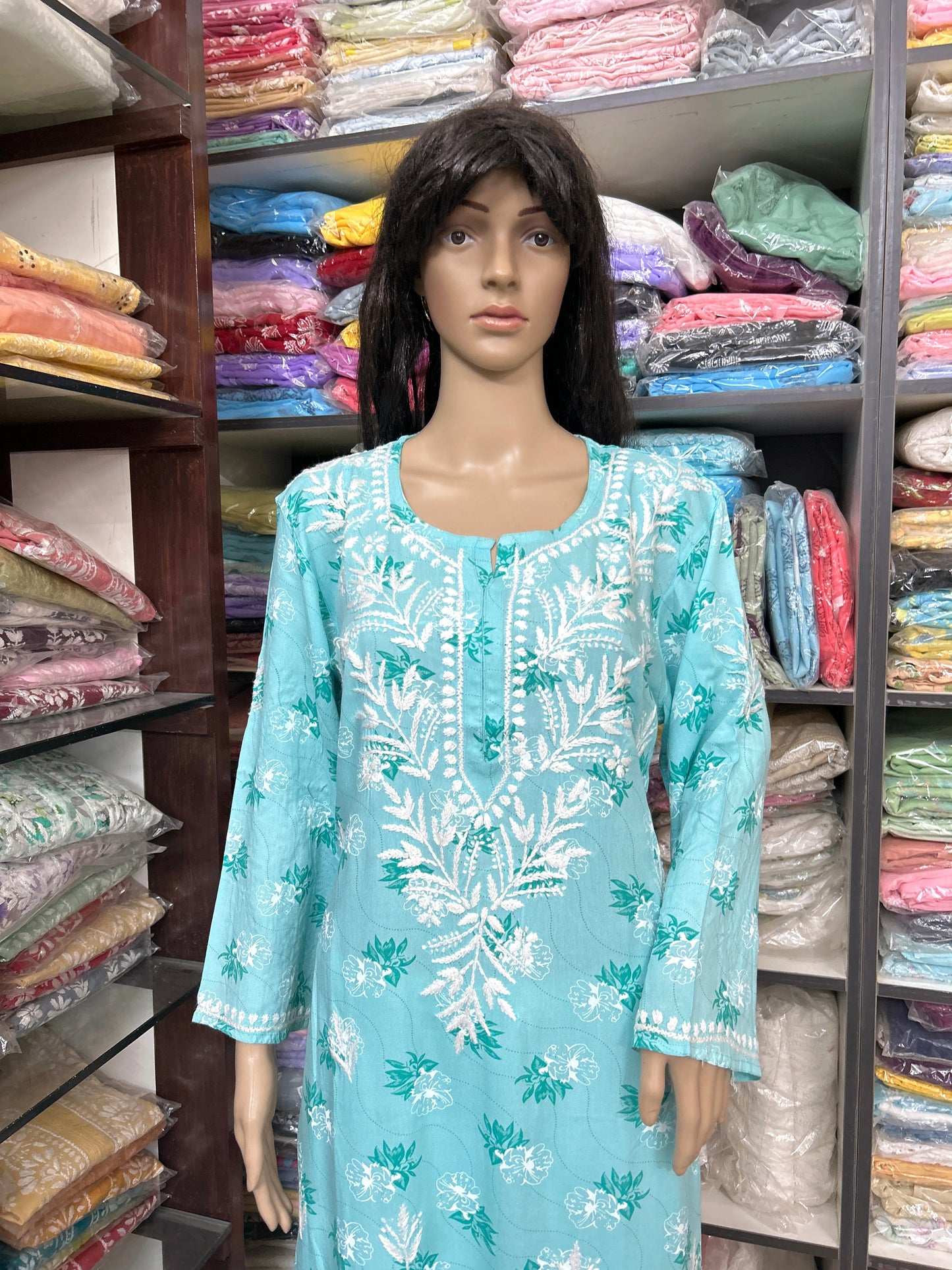 Lucknowi Chikankari Blue Printed Rayon Kurti-K000075