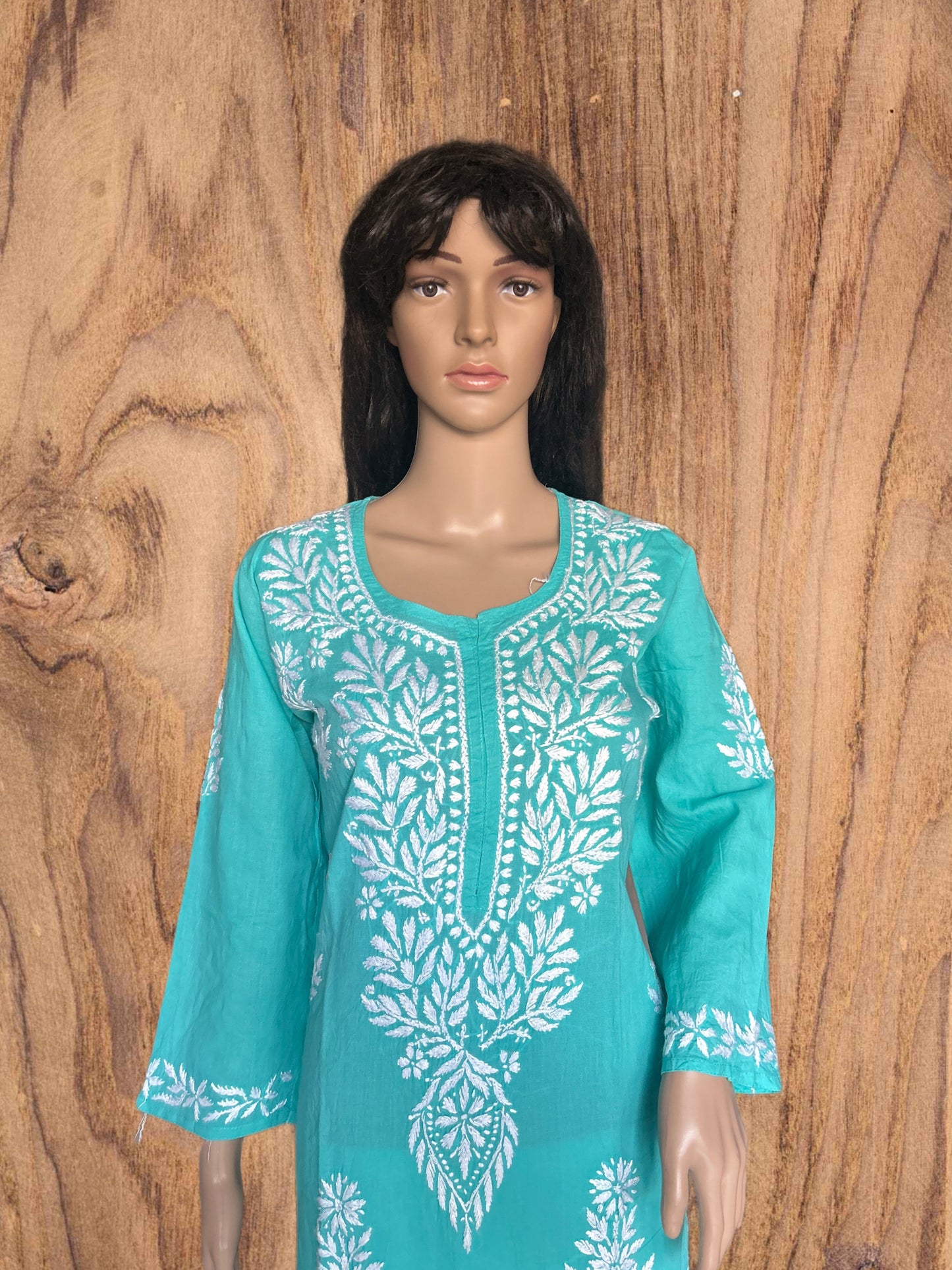 Lucknowi Chikankari Teal Green Cotton Kurti-K000118