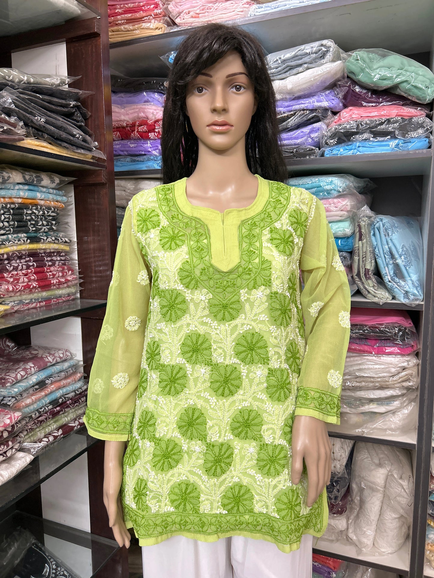 Lucknowi Chikankari Green 'Bahar' Georgette Short Kurti-T20002