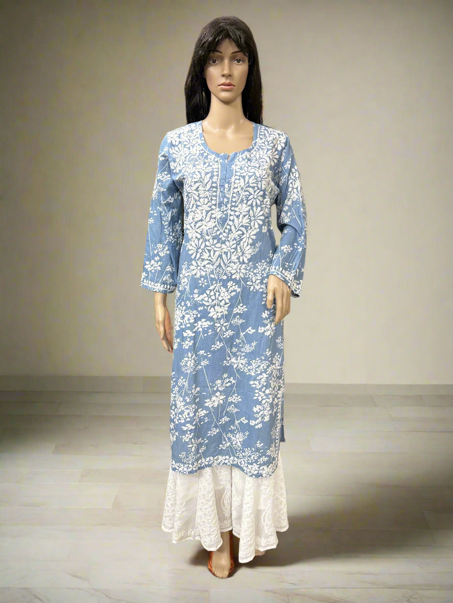 Lucknowi Chikankari Grey Printed Cotton Kurti-K000181