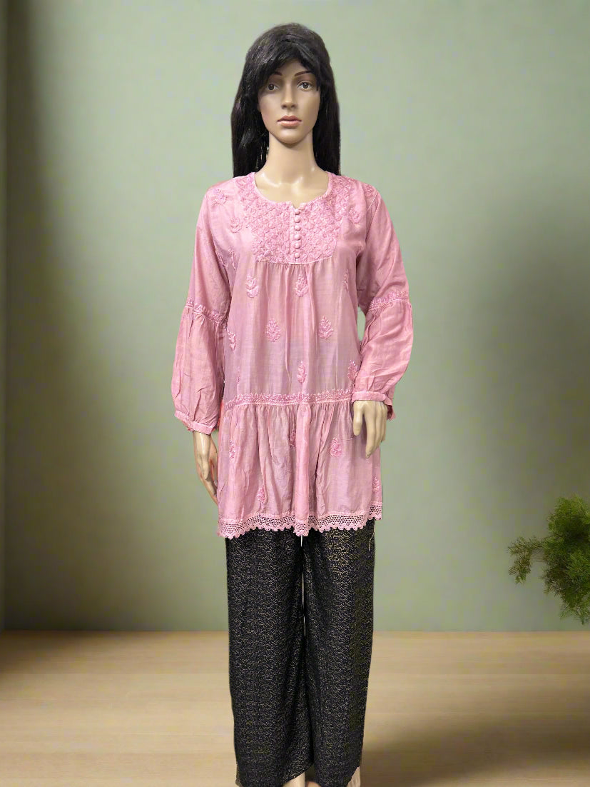 Lucknowi Chikankari Mauve Muslin Short Kurti-T50022