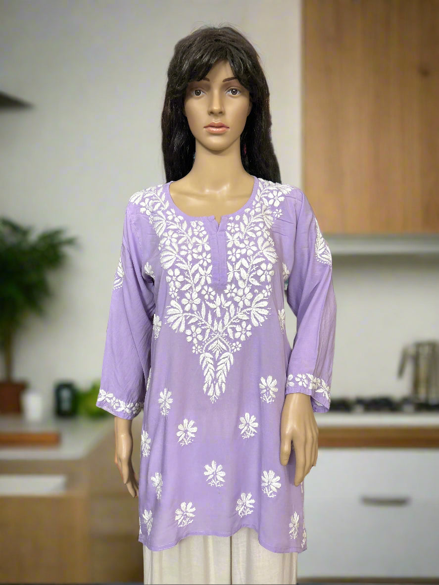 Lucknowi Chikankari Lavender Modal Short Kurti-T50003