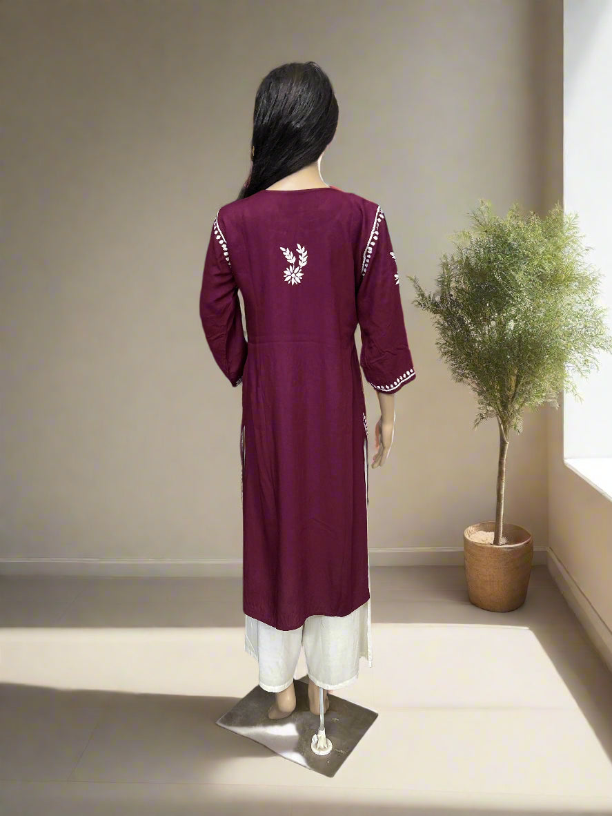 Lucknowi Chikankari Wine Rayon Kurti-K000159