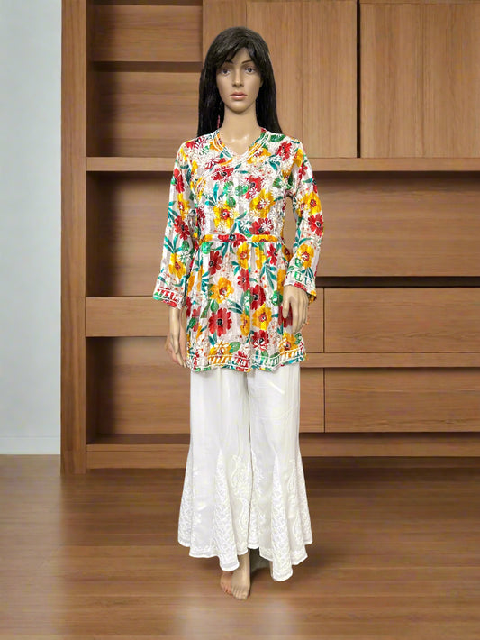 Lucknowi Chikankari White Printed Georgette Angrakha Styled Short Kurti-T50008