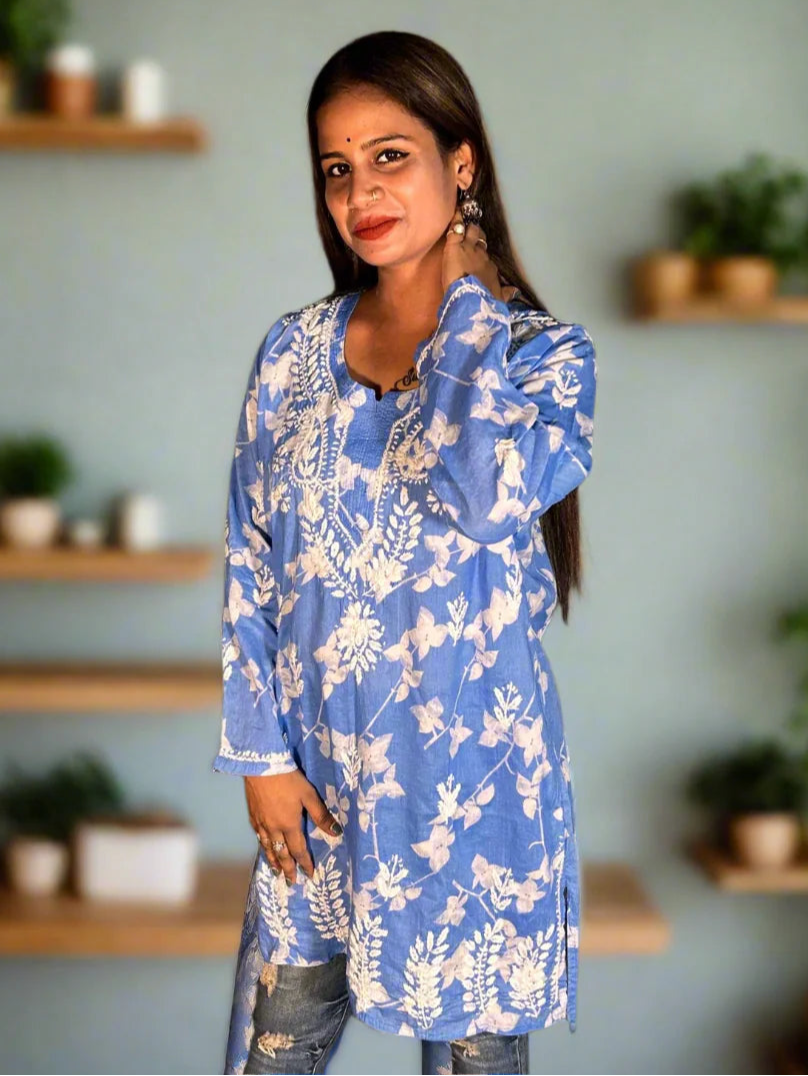 Lucknowi Chikankari Blue Printed Cotton Short Kurti-T000016