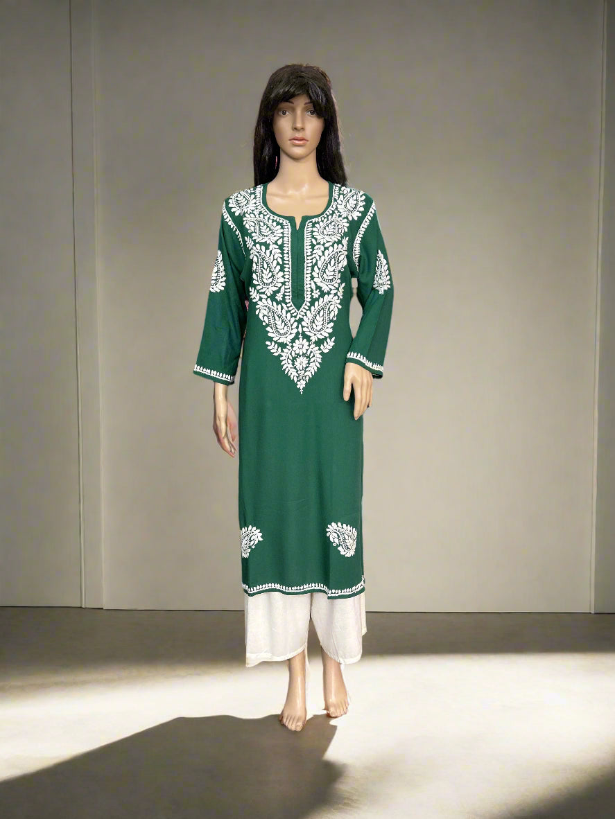 Lucknowi Chikankari Green Rayon Kurti-K50076