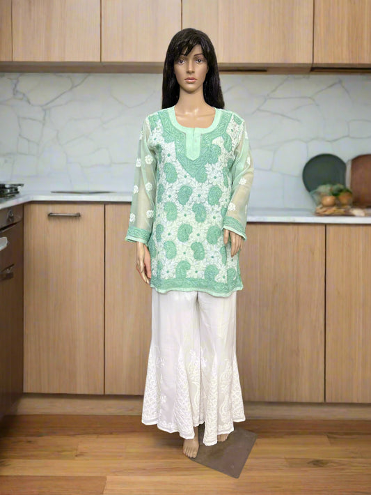 Lucknowi Chikankari Green Georgette Short Kurti-T40001