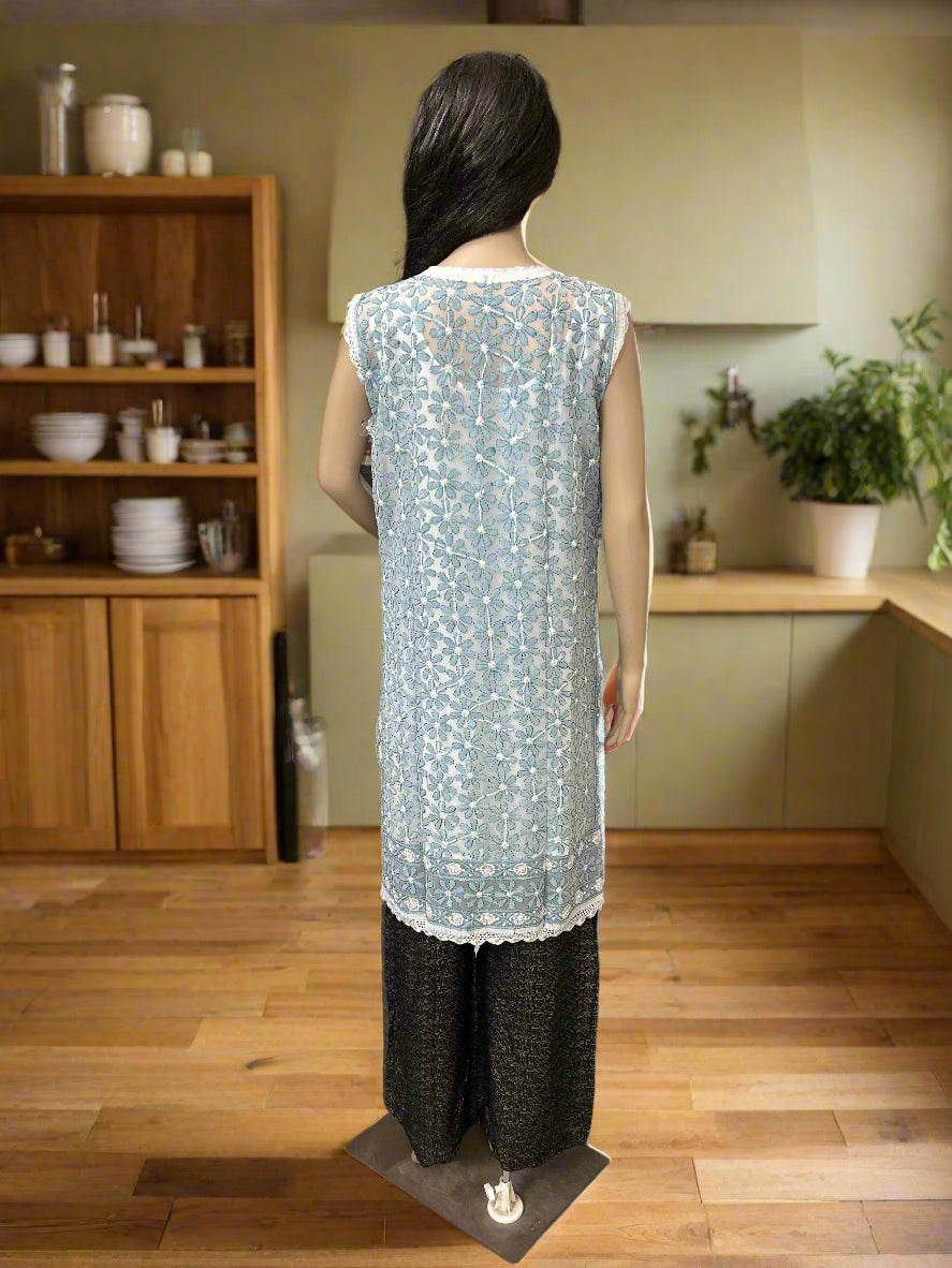 Lucknowi Chikankari White Georgette Short Kurti-T50014