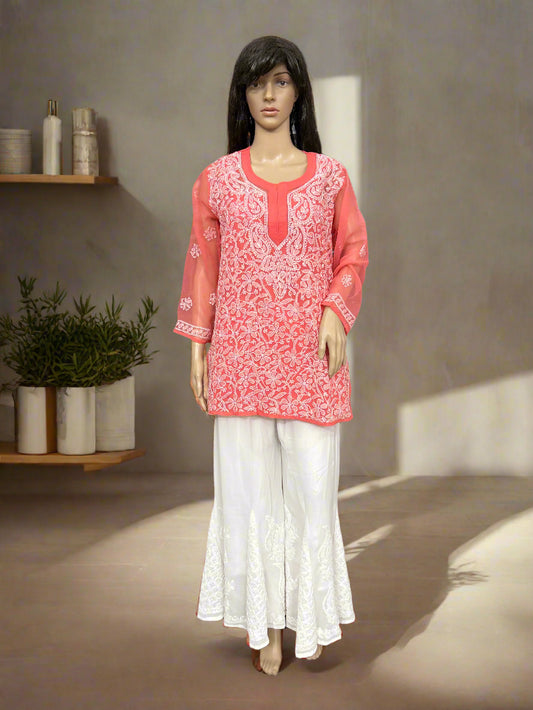 Lucknowi Chikankari Coral Pink Georgette Short Kurti-T40010
