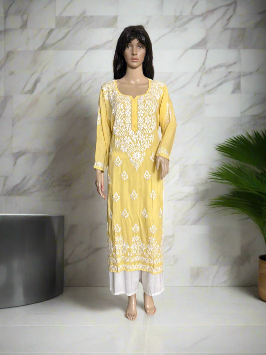 Lucknowi Chikankari Yellow Modal Kurti-K70008