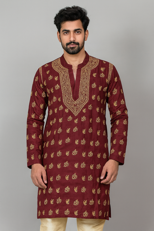 Lucknowi Chikankari Maroon ' Shafaq' Cotton Gents Kurta-GK00003