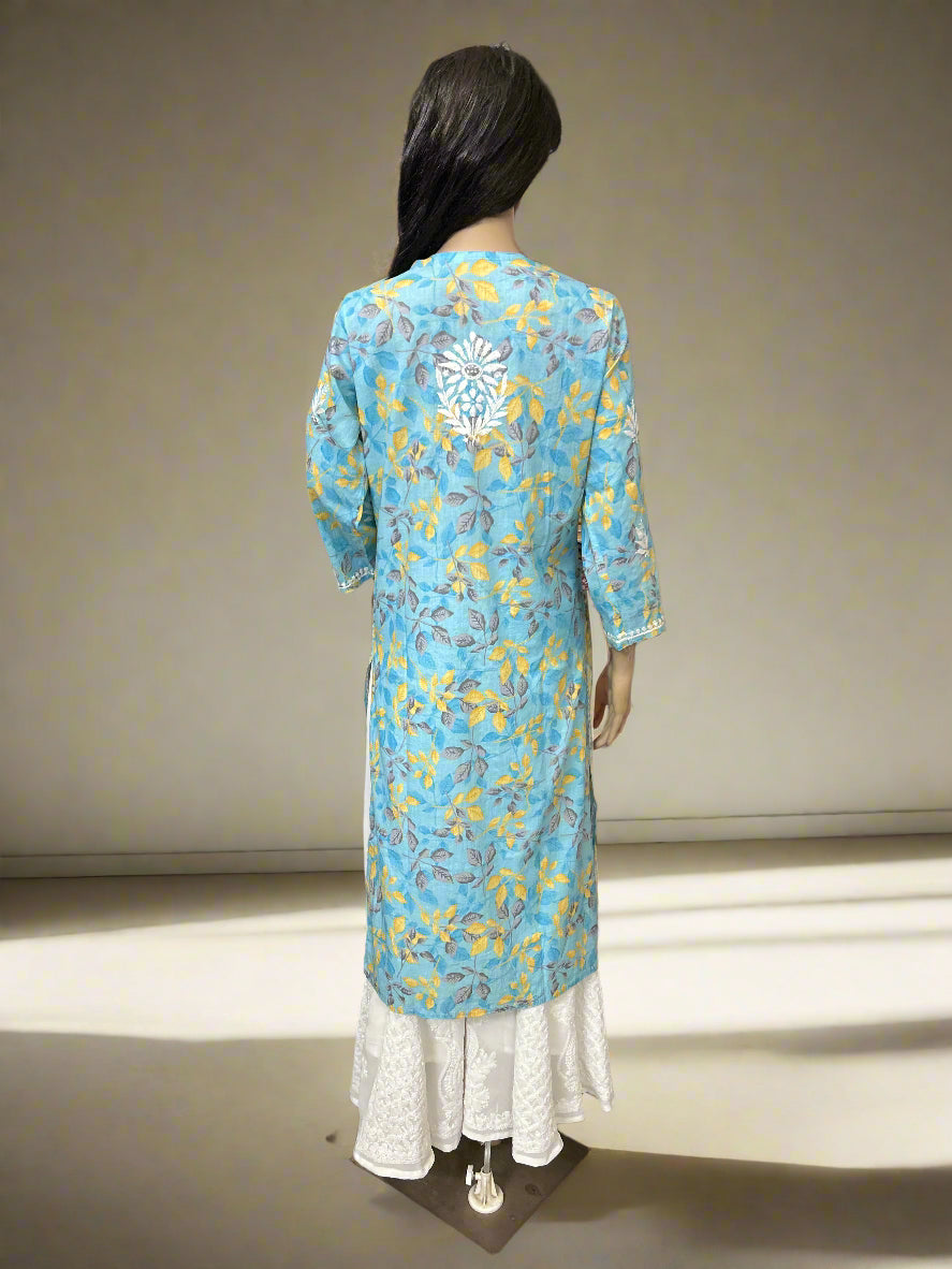 Lucknowi Chikankari Blue Printed Cotton Kurti-K000176
