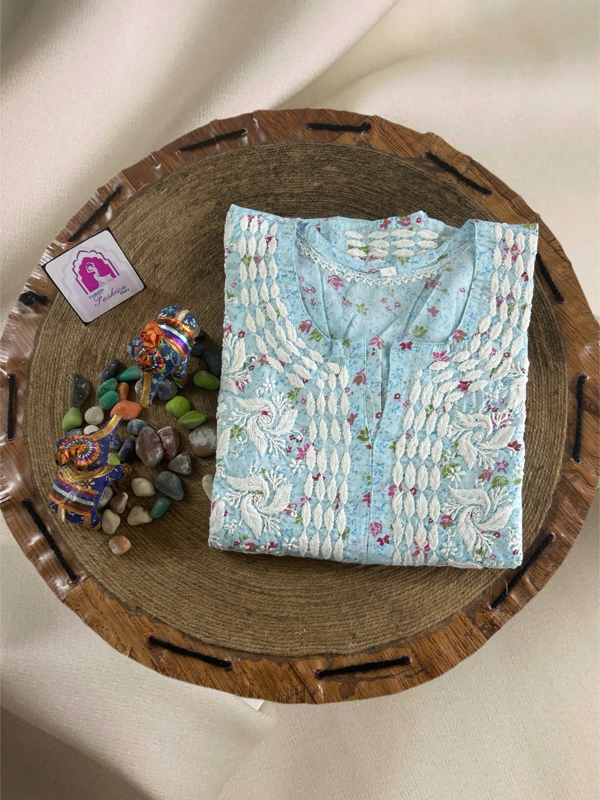 Lucknowi Chikankari Sky Blue Printed Cotton Kurti-K000084