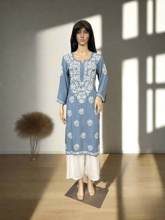 Lucknowi Chikankari Grey Rayon Kurti-K000161