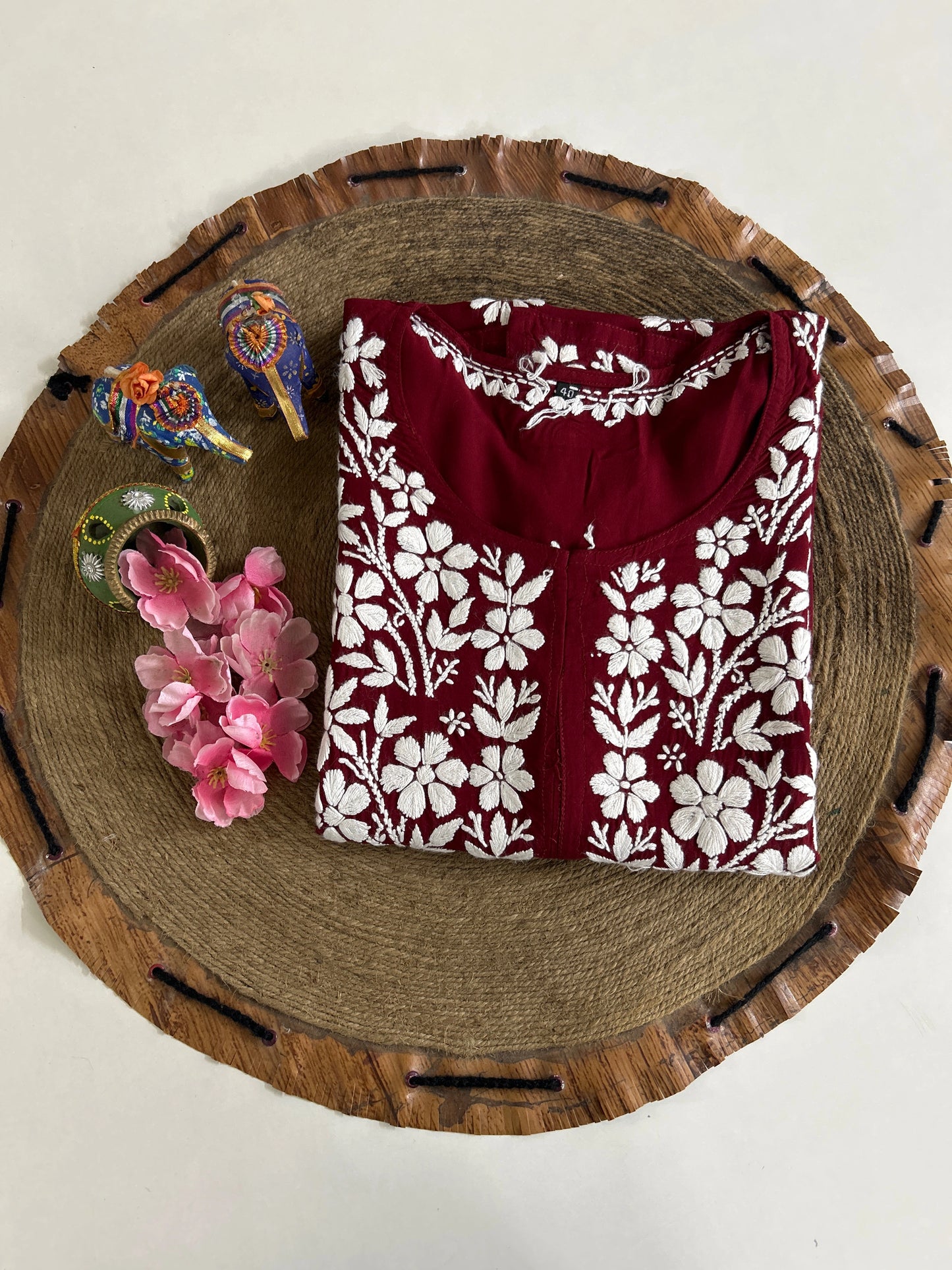 Lucknowi Chikankari Maroon 'Shafaq' Modal Kurti-K40094