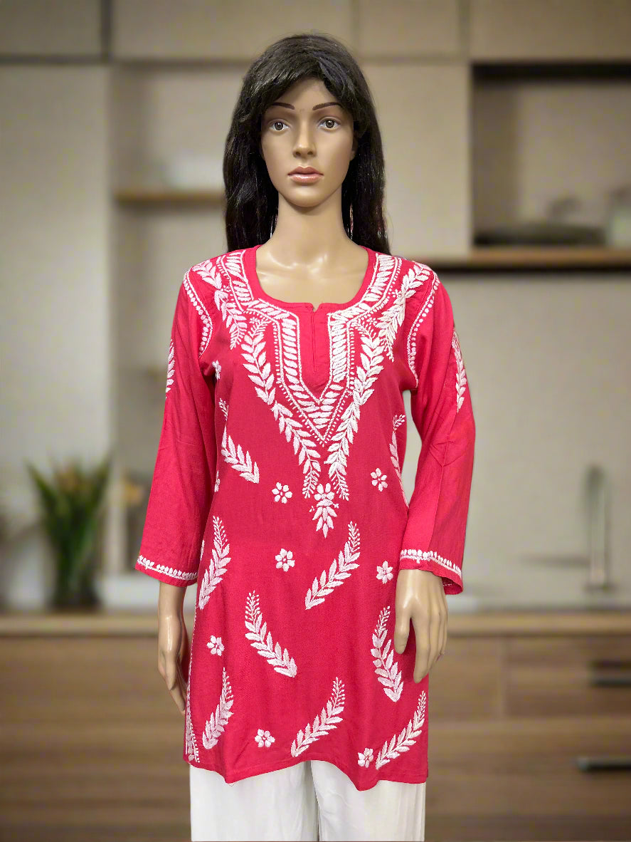 Lucknowi Chikankari Coral Pink Rayon Short Kurti-T2003