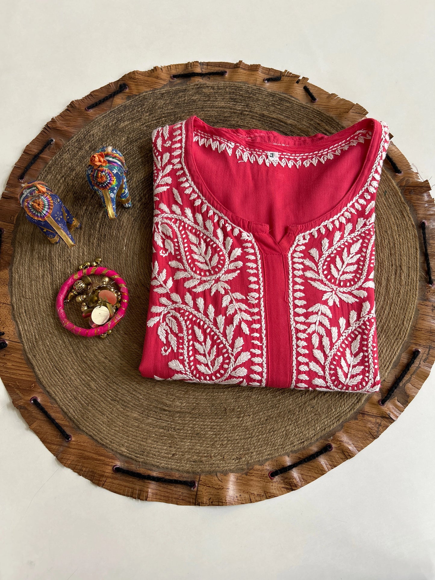 Lucknowi Chikankari Coral Pink Rayon Kurti-K40085