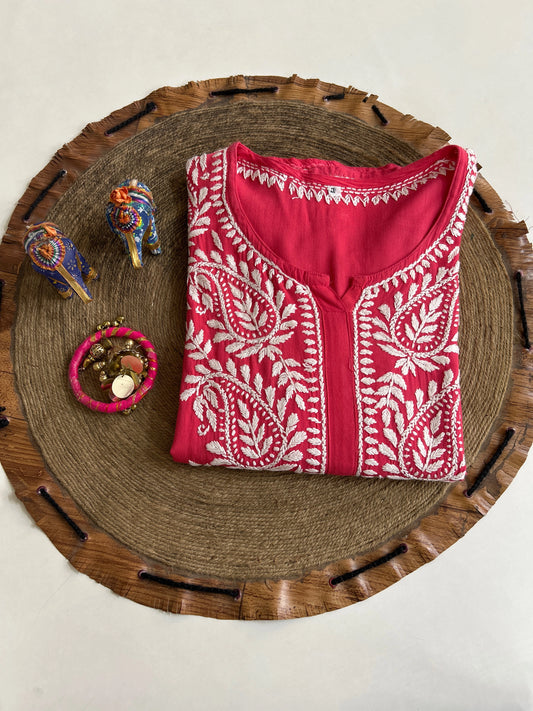 Lucknowi Chikankari Coral Pink Rayon Kurti-K40085