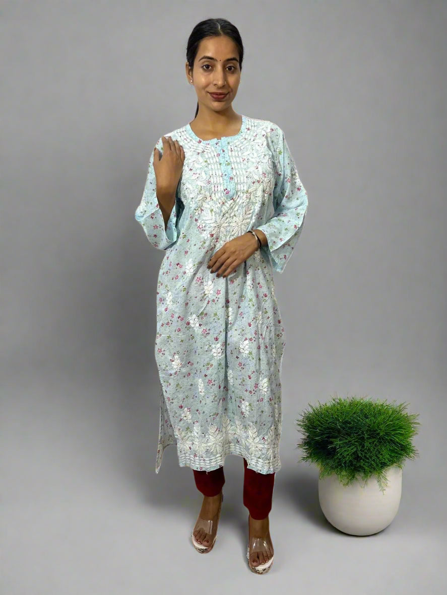 Lucknowi Chikankari Sky Blue Printed Cotton Kurti-K000084