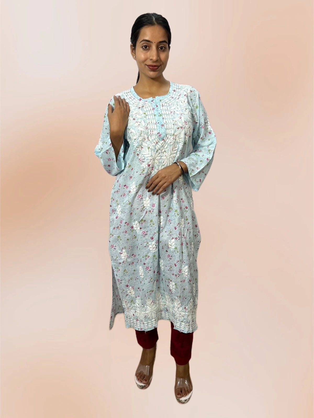 Lucknowi Chikankari Sky Blue Printed Cotton Kurti-K000084