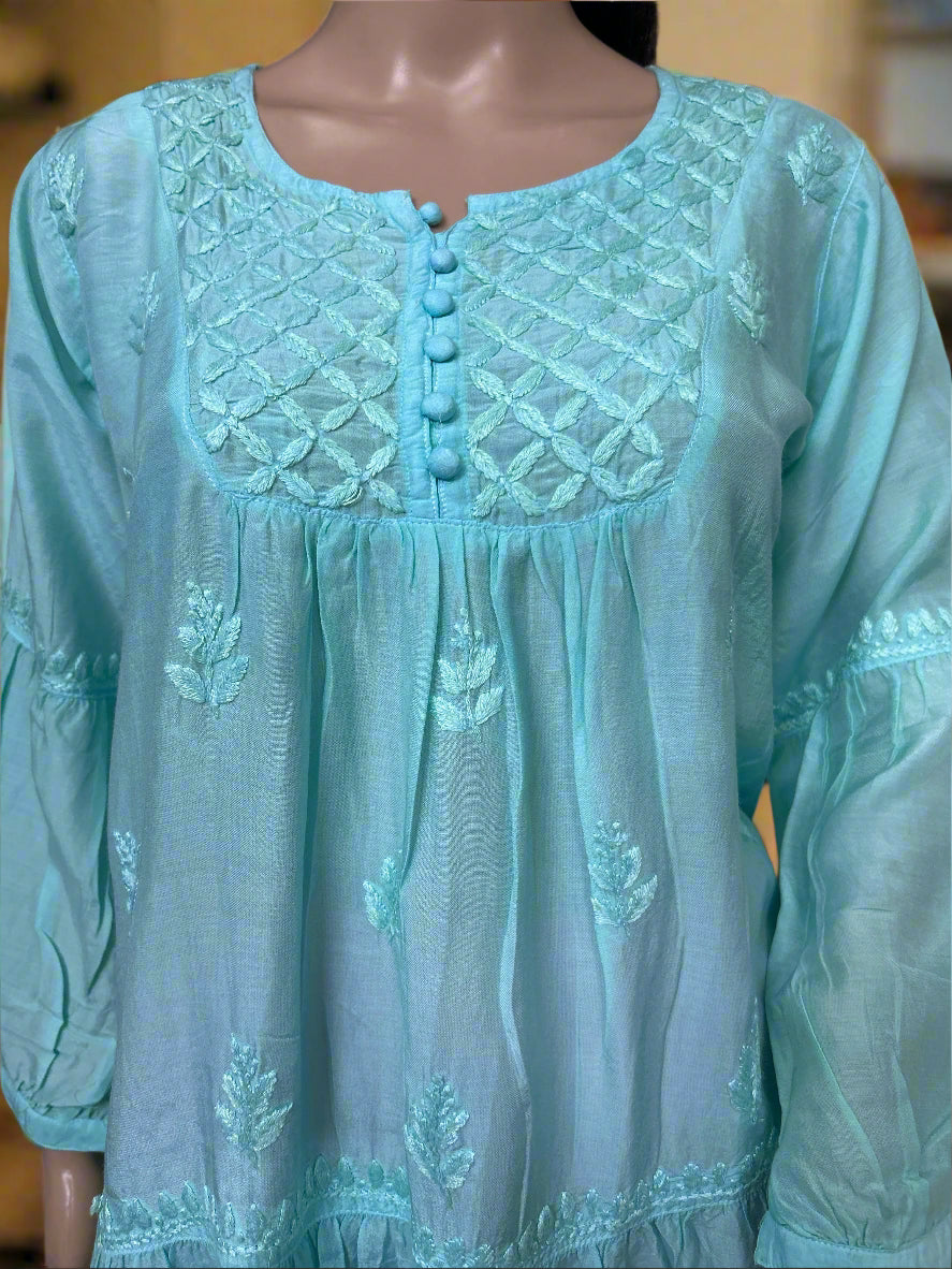 Lucknowi Chikankari Light Teal Muslin Short Kurti-T50023