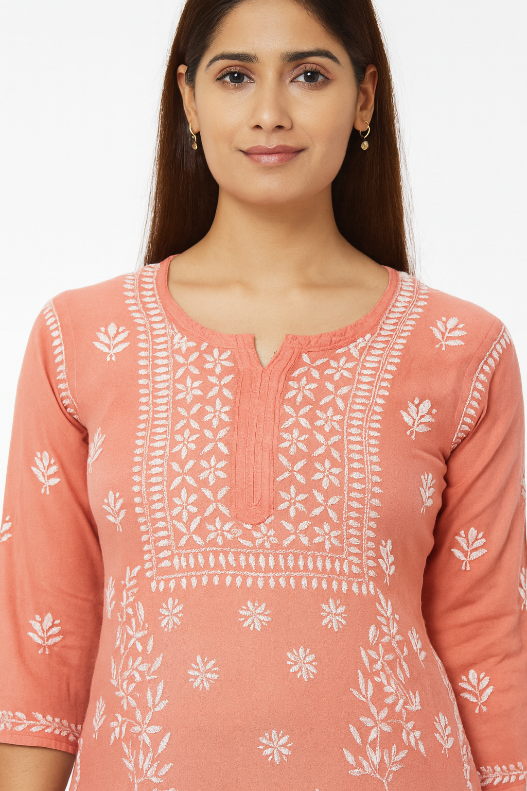 Lucknowi Chikankari Peach 'Aarooi' Viscose Short Kurti-T30009