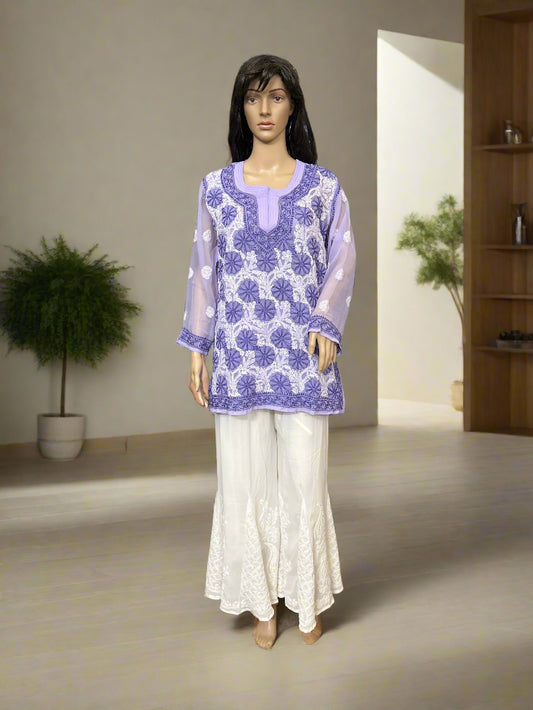 Lucknowi Chikankari Purple Georgette Short Kurti-T60002