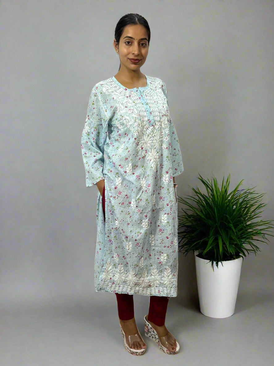 Lucknowi Chikankari Sky Blue Printed Cotton Kurti-K000084