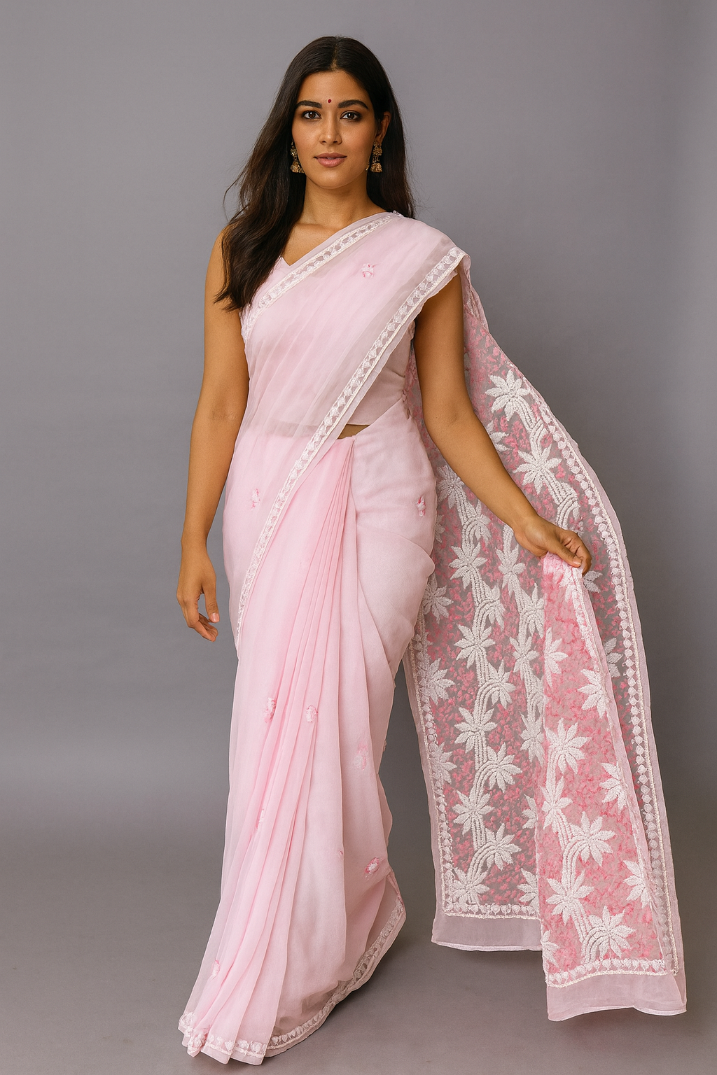 Lucknowi Chikankari Pink 'Shagufta' Georgette Saree (With Blouse)-S00036